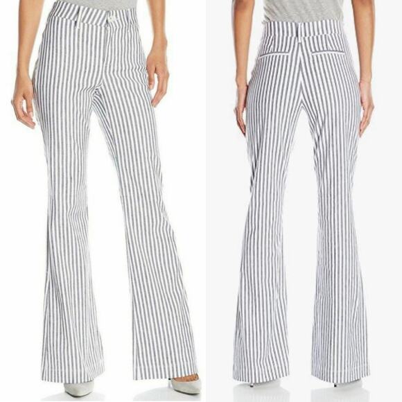NYDJ Pants - NYDJ Flare Linen Blend Pants 4 Navy Blue White Striped Preppy Nautical Coastal